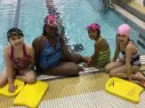 A group of girls sitting in the pool