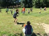 A group of people playing frisbee in the grass.