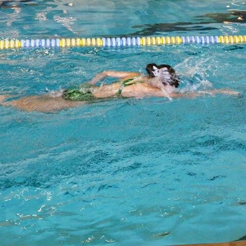 A person swimming in the pool with a yellow and blue line.